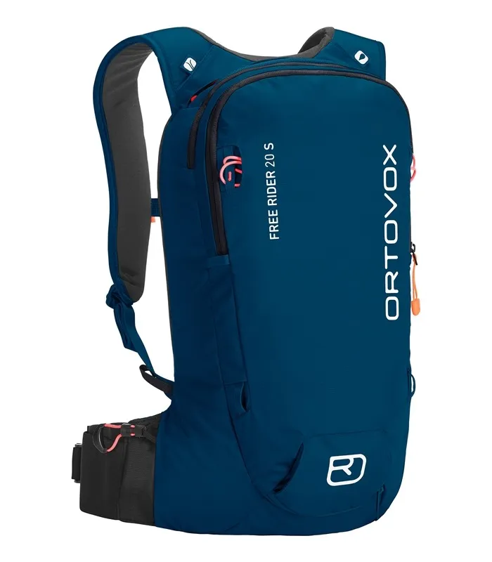 Zaino Ortovox Free Rider 20S blu petrolio con spallacci e cintura laterale.
