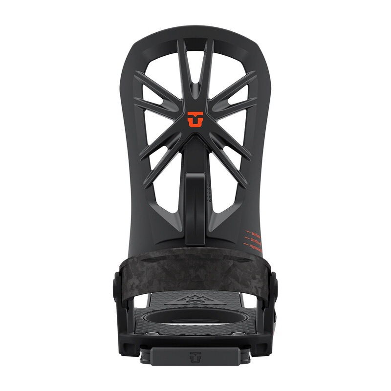 Black splitboard binding Black Union Explorer FC splitboard binding from the front. The heel is made of carbon.