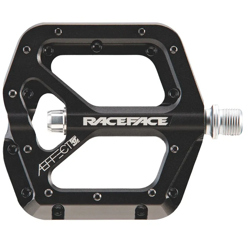Black Aeffect pedal from Race Face with silver-colored axle and mounting screws.