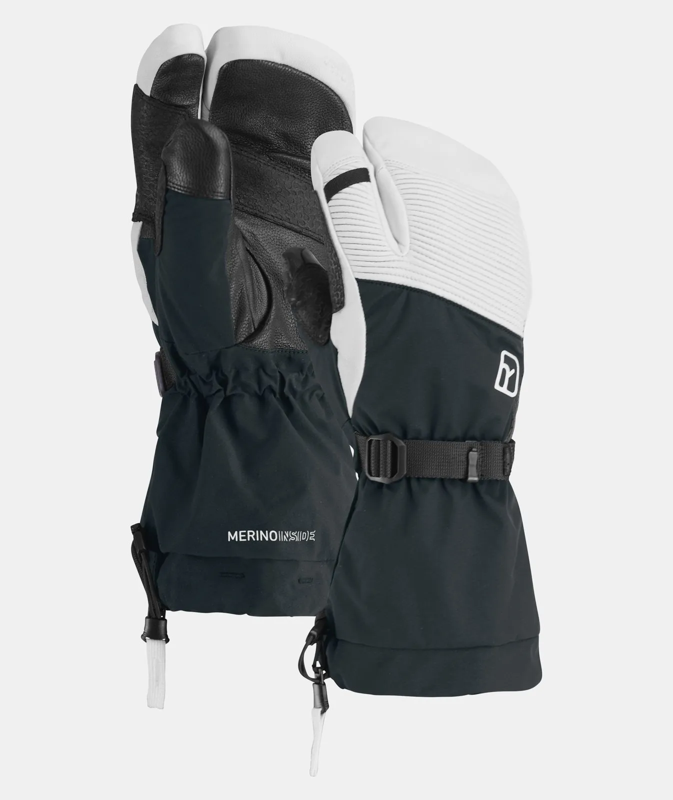 Black freeride 3-finger glove, with white upper part and merino fleece inner glove.