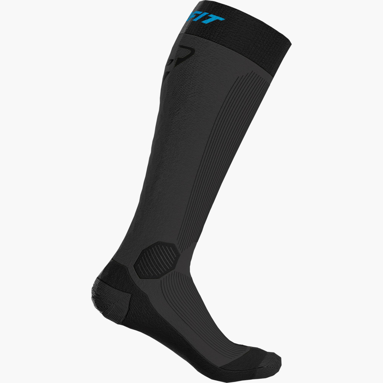 Chaussette grise Dynafit  Une longue chaussette grise Dynafit avec une inscription bleue est représentée sur un fond blanc.