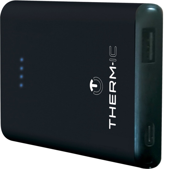 Powerbank noir Therm-ic avec quatre LED bleues et des ports USB sur le côté. L'inscription Therm-ic est imprimée.