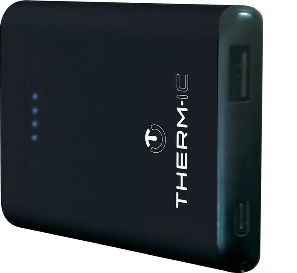 Powerbank noir Therm-ic avec quatre LED bleues et des ports USB sur le côté. L'inscription Therm-ic est imprimée.
