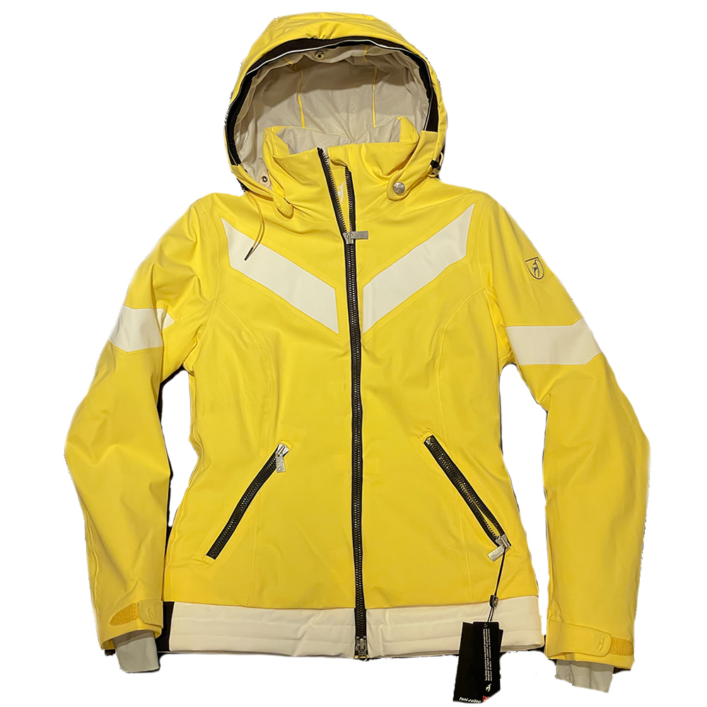 Gelbe Skijacke Erin Gelbe Toni Sailer Erin Skijacke mit Kapuze, weißen Akzenten, Frontreißverschluss und zwei Taschen.