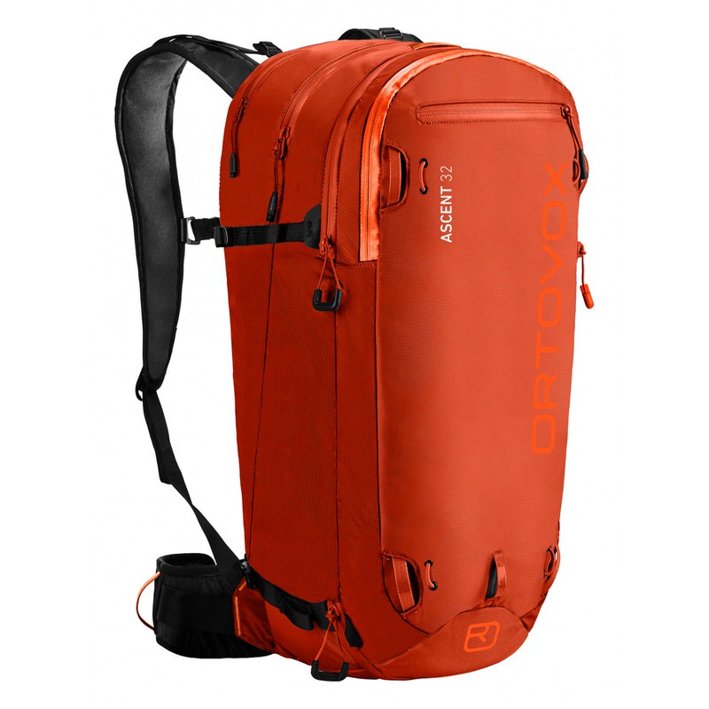 Ortovox Sac à dos Ascent 32 Sac à dos orange Ortovox Ascent 32, vue latérale avec bretelles et détails noirs.