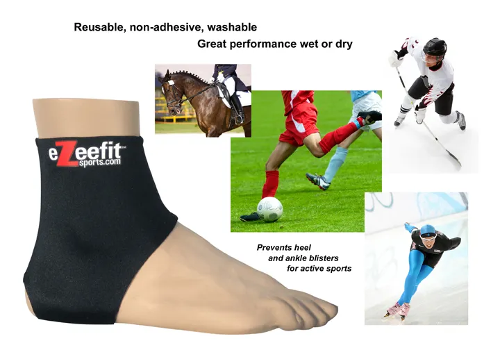Collage zeigt Fuß mit Knöchelschutz, Pferd mit Reiter, Fußballspieler, Eishockeyspieler und Eisschnellläuferin.