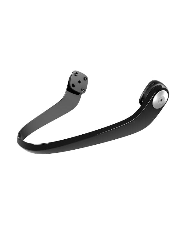 Schwarzes, gebogenes Maxilla Breakaway System, ein Zubehörteil für Helme, mit Montageplatte.