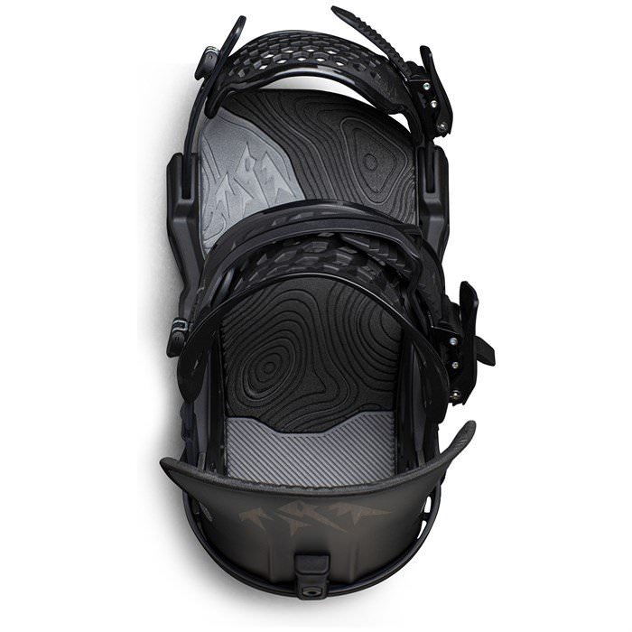 Black Jones Apollo snowboard binding from above, with topography pattern and mountain logo.