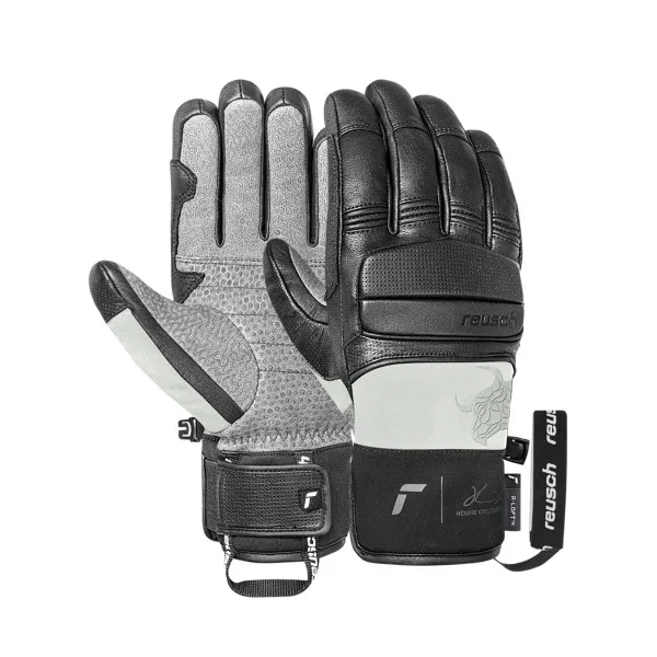 A pair of black Reusch gloves, gray palms with dot pattern, label with "Reusch" lettering.