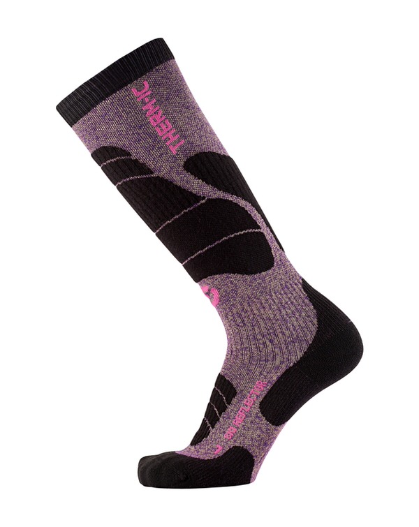 Kniehohe Ski Merino Socke für Damen, lila-meliert mit schwarzen Verstärkungen.
