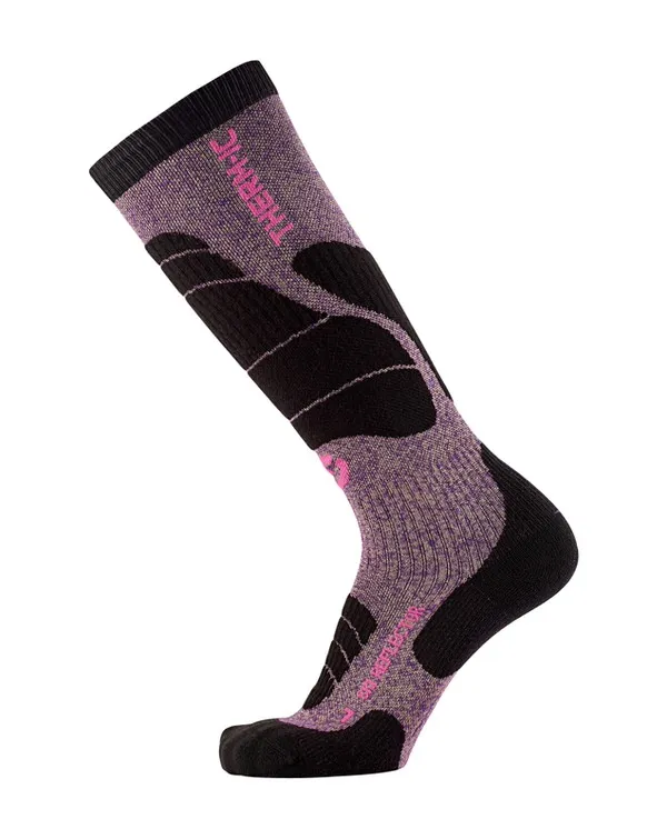 Kniehohe Ski Merino Socke für Damen, lila-meliert mit schwarzen Verstärkungen.