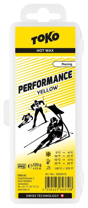 Verpackung von Toko Performance Yellow Heisswachs mit Skifahrer-Motiven und Temperaturangaben.