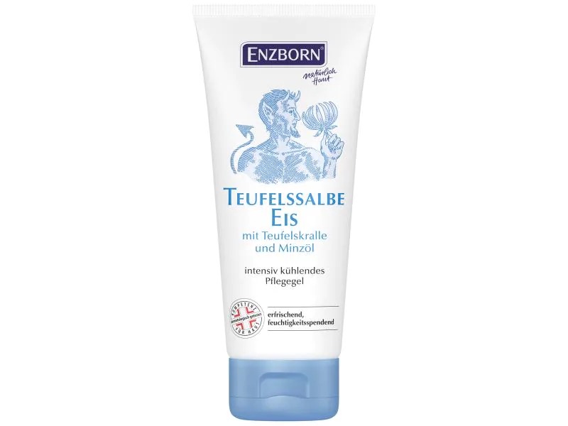 Weiße Tube Teufelssalbe Eis mit blauem Aufdruck, Teufelskralle und Minze.