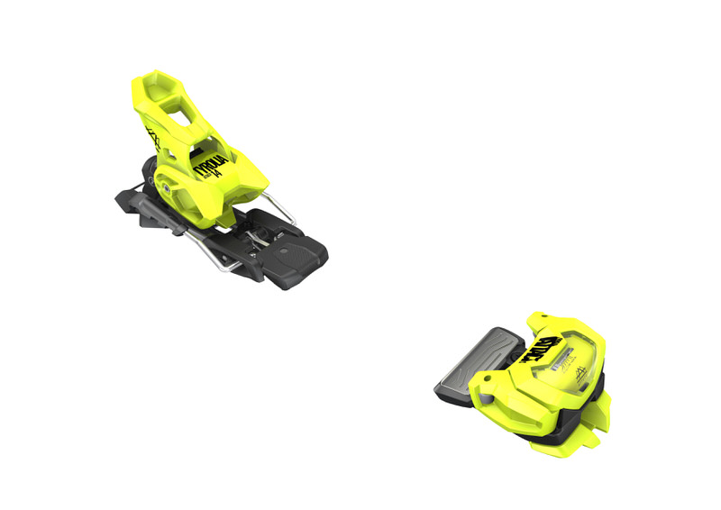 Fixation de ski jaune TYROLIA Fixation de ski TYROLIA ATTACK² 14 GW jaune, partie avant et arrière, sur fond blanc.