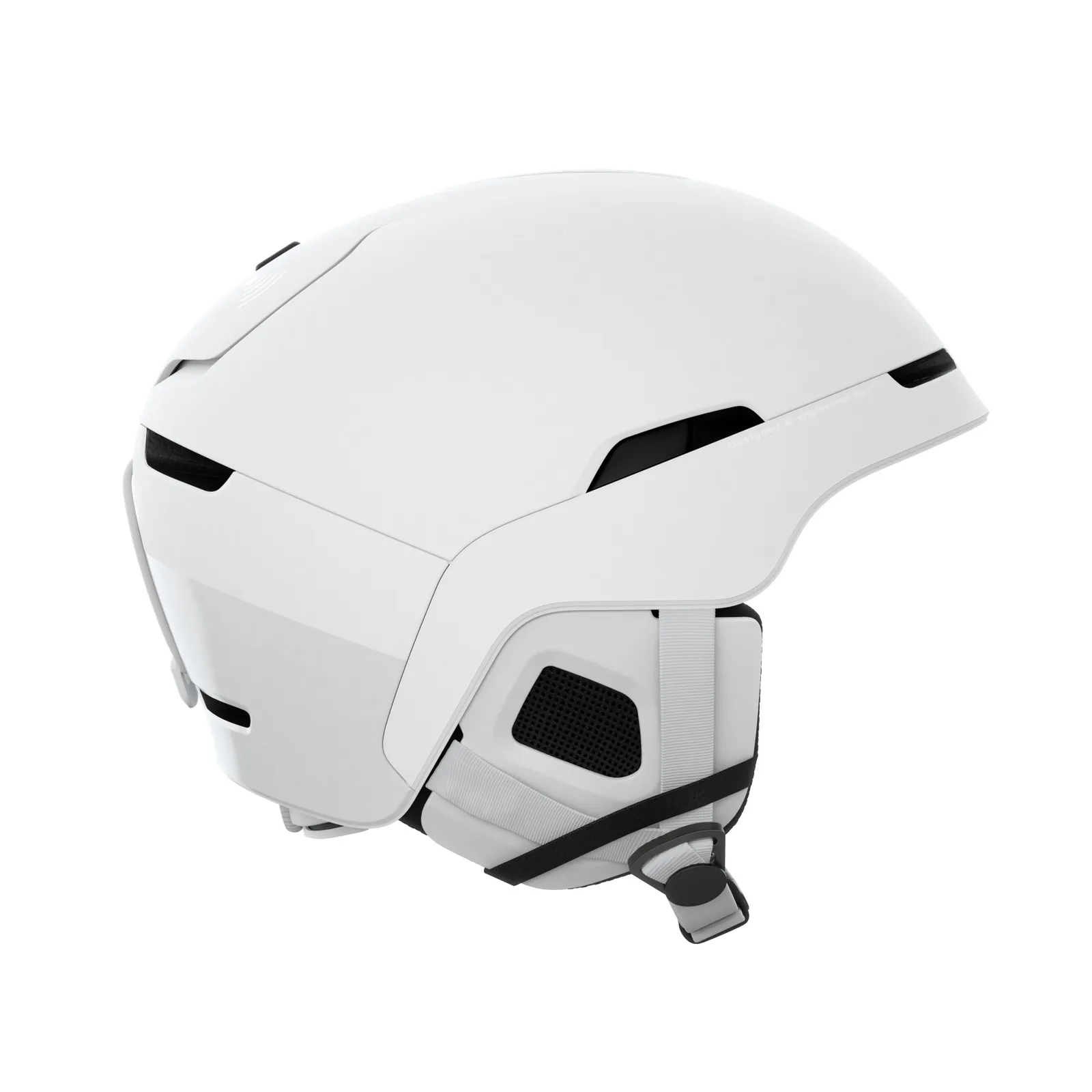 Casque de ski blanc POC Obex BC MIPS avec jugulaire et ouvertures d'aération en vue latérale.