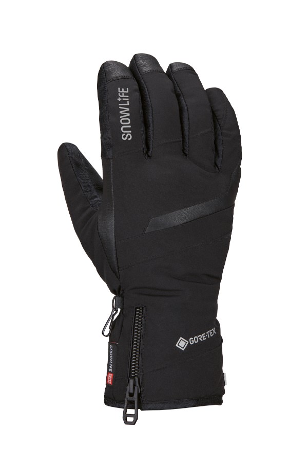 Schwarzer Snowlife Super GTX Primaloft Glove für Damen, frontal, mit Reißverschluss und Gore-Tex Logo.