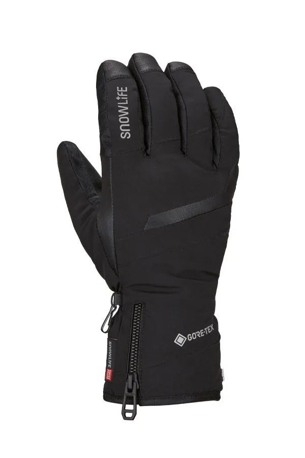 Schwarzer Snowlife Super GTX Primaloft Glove für Damen, frontal, mit Reißverschluss und Gore-Tex Logo.