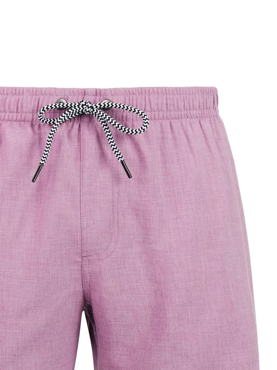 Close-up: Plum Mauve swim shorts with elastic waistband and drawstring.