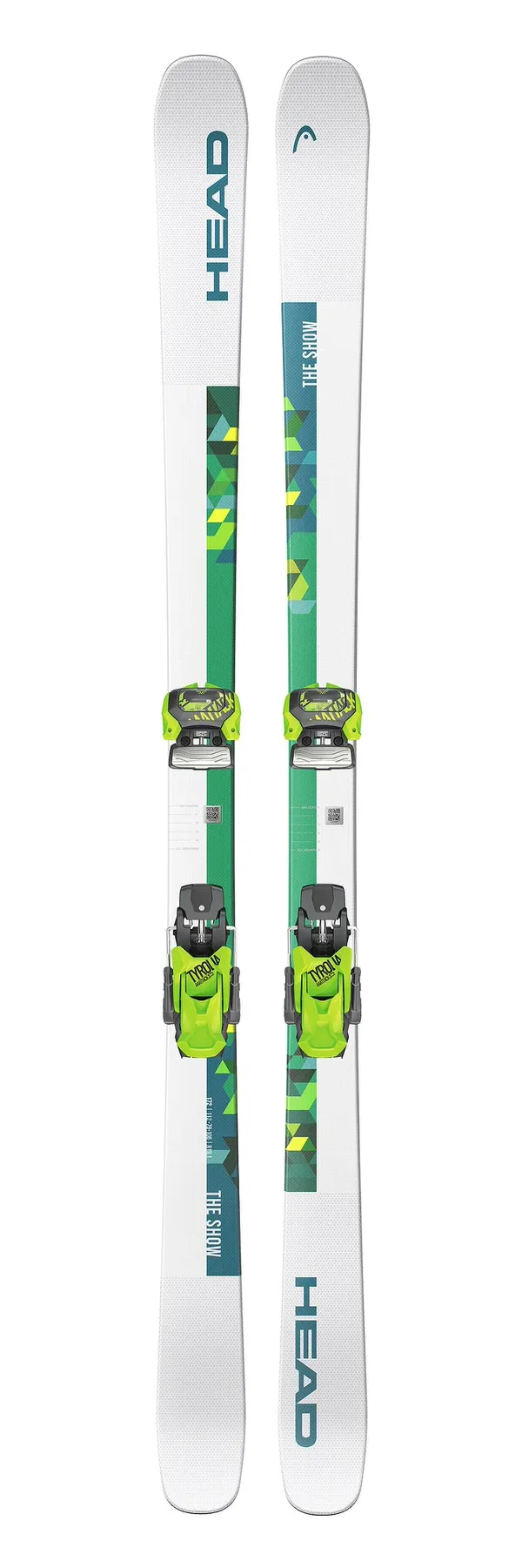 White Head The Show ski with green accents and Attack2 13 binding from above.