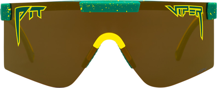 Gold polarisierte Pit Viper Sonnenbrille mit grünen Akzenten und gelben Details im Retro-Stil.