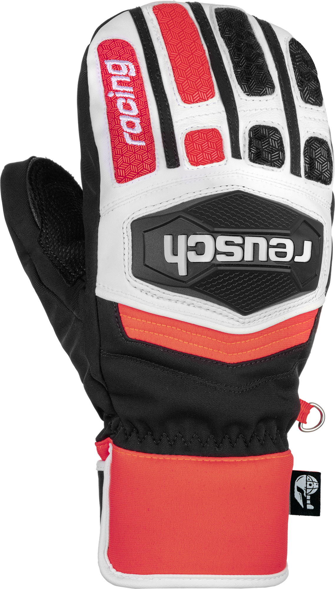 Detailansicht des Reusch Worldcup Warrior GS Junior Mitten Rennhandschuhs in Schwarz, Weiss und Rot mit Logo.