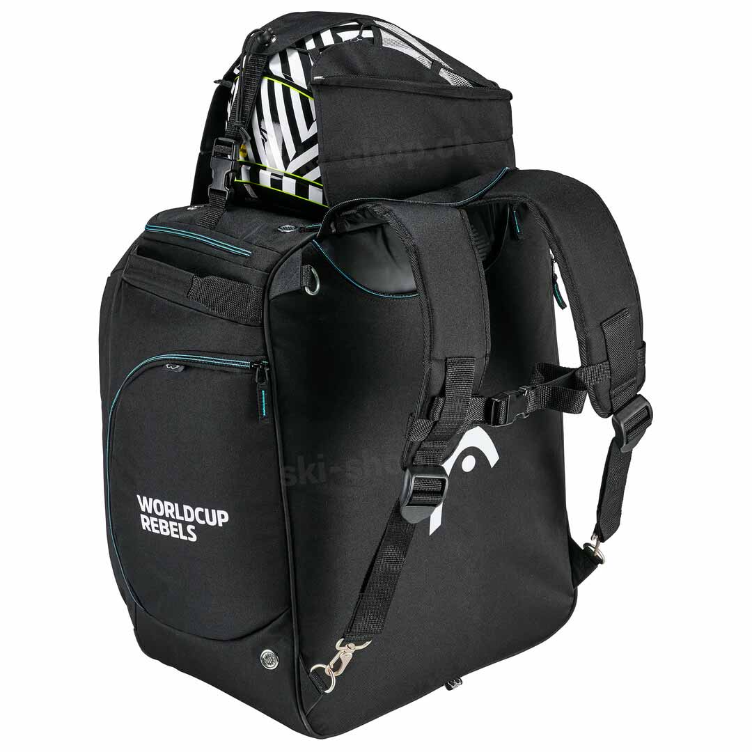 Schwarze Head Heatable Bootbag mit Helm obenauf und Rucksackträgern. "Worldcup Rebels" Schriftzug.