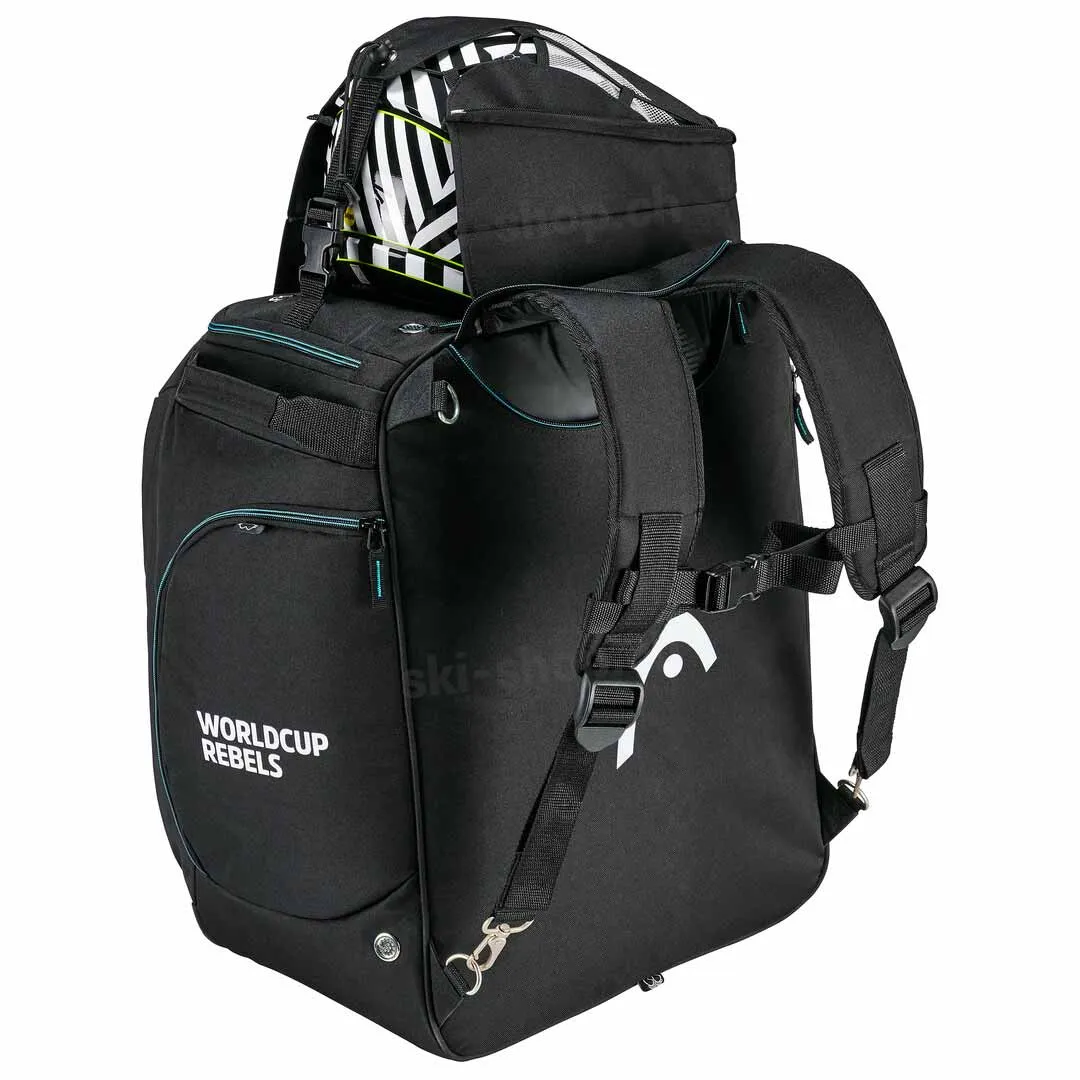 Bootbag Head Heatable noir avec casque sur le dessus et bretelles pour sac à dos. Inscription "Worldcup Rebels".