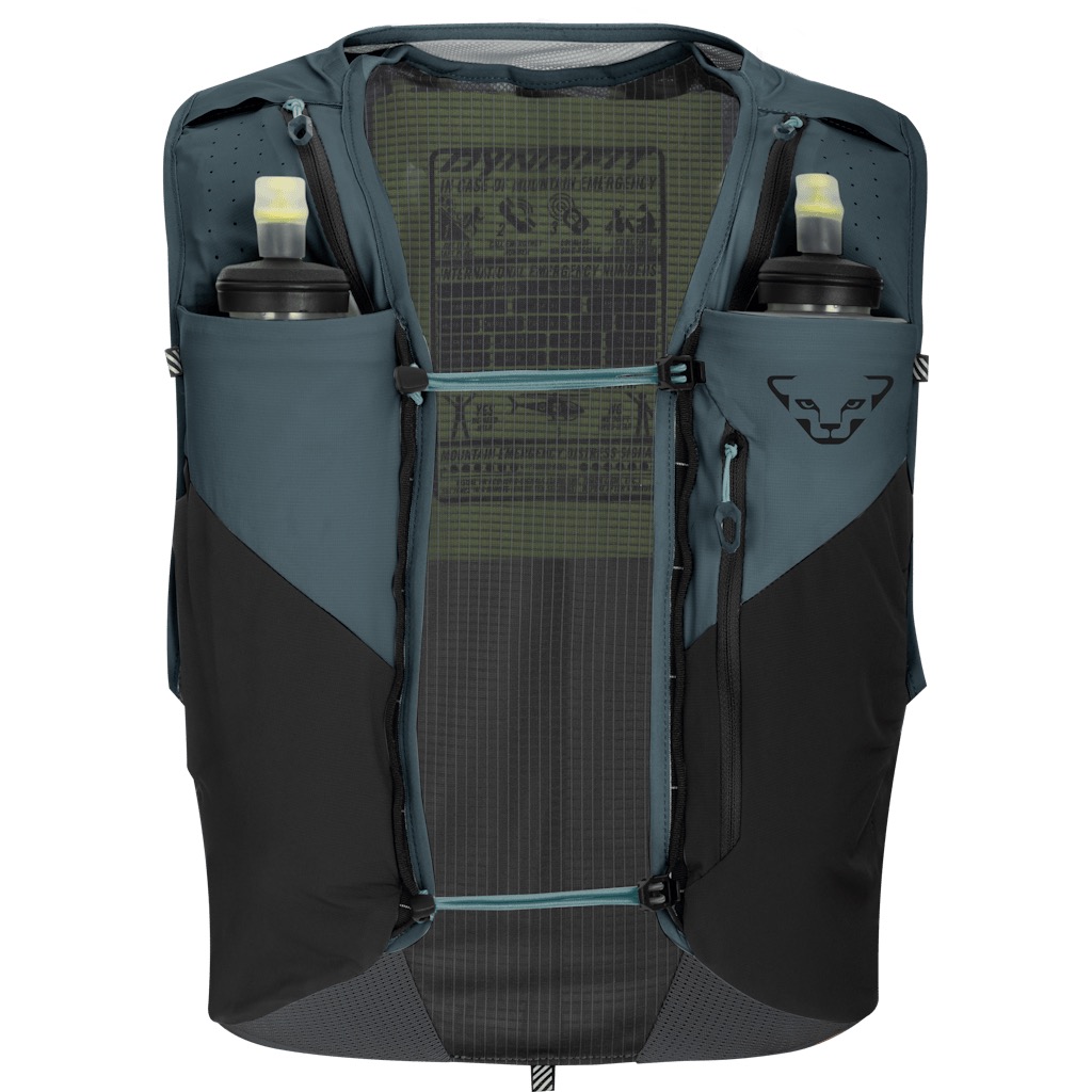 Blue running vest with two water bottles in the front pockets. Partially made of mesh fabric with black accents. Features visible zippers, drawstrings, and the Dynafit logo. Designed for outdoor sports.