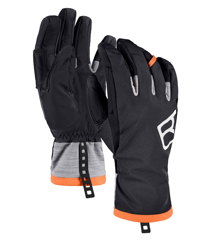 Schwarze Ortovox Tour Gloves für Herren, Handflächen aus Leder mit grauem Fleece-Bündchen und orangefarbenem Akzent, seitlich das Ortovox-Logo.