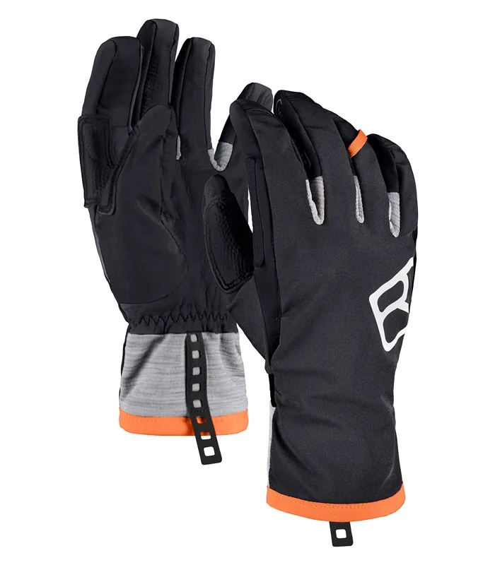 Black Ortovox Tour Gloves for men, leather palms with gray fleece cuffs and orange accent, Ortovox logo on the side.