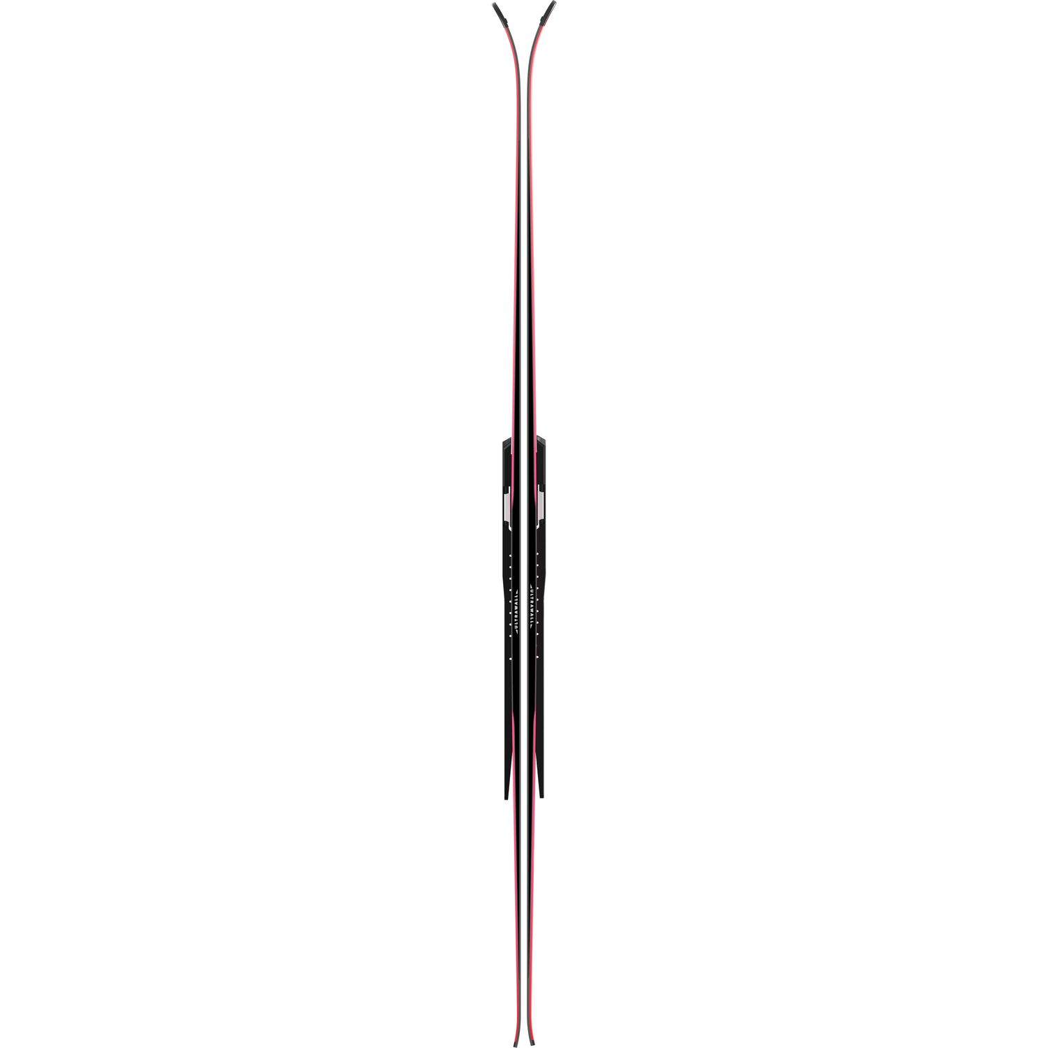 Zwei aufrecht stehende Ski, die sich in der Mitte berühren. Die Ski haben eine schwarze und pinke Farbgebung.