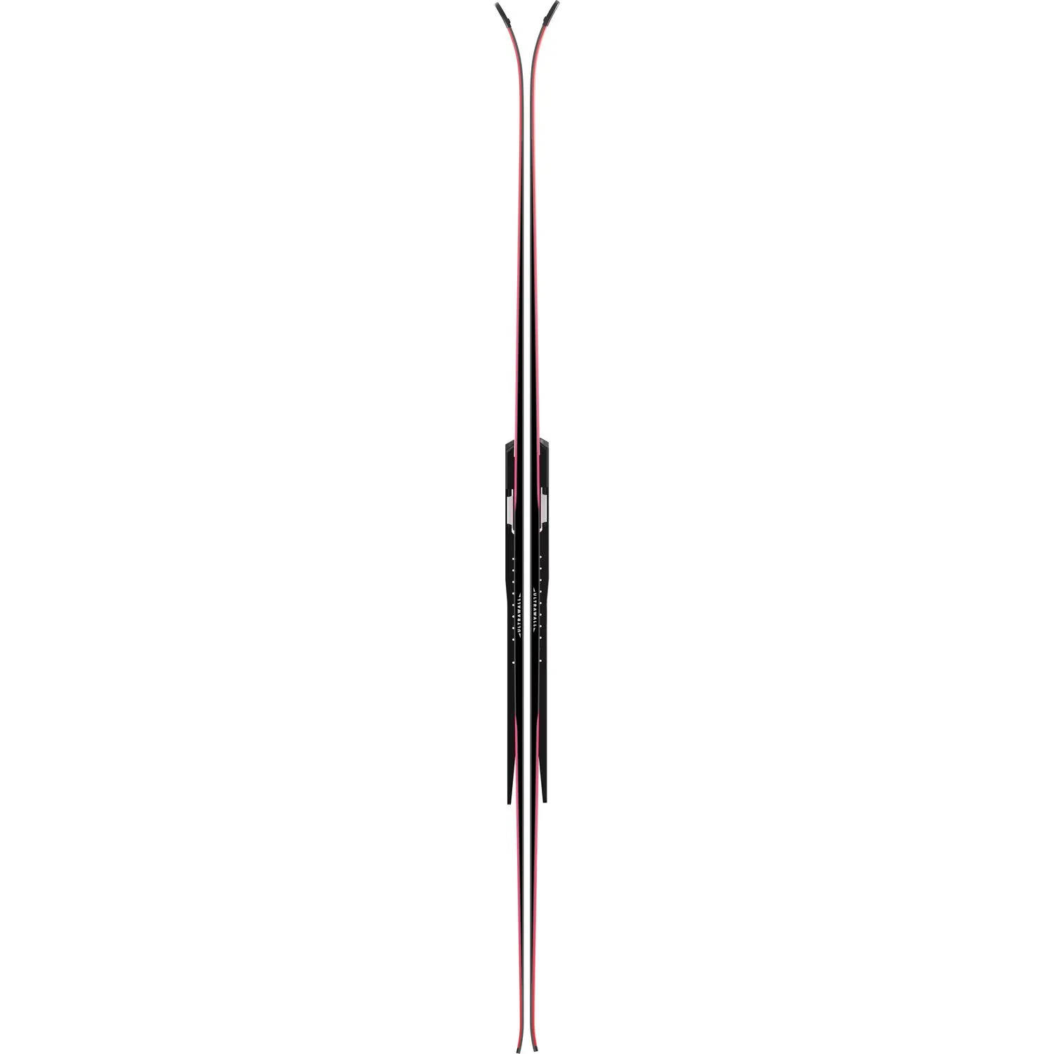 Two upright skis that touch in the middle. The skis have a black and pink color scheme.