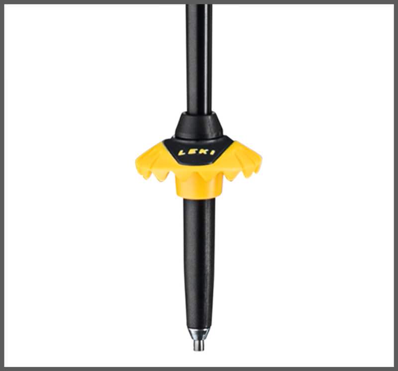 Leki Spitfire Vario Skistock Detailansicht eines Leki Spitfire Vario 3D Skistock Unterteils mit gelbem Teller und schwarzer Spitze.