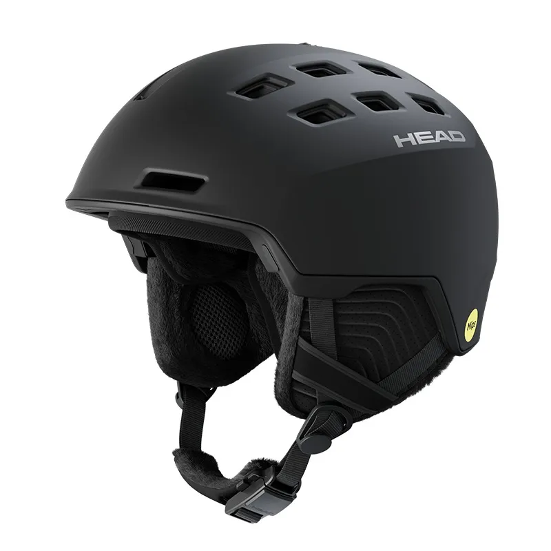 Black Head REV Mips ski helmet with ventilation and ear pads, MIPS label on the side.