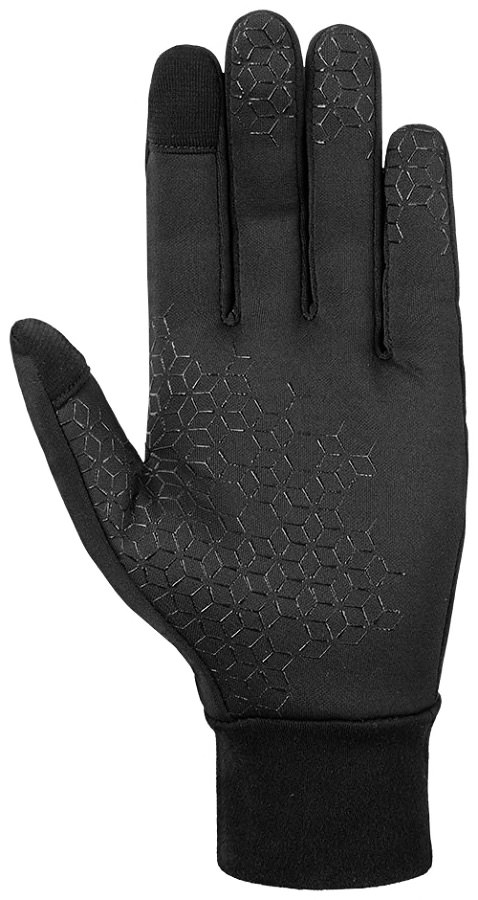 Schwarzer Reusch Ashton Touch Tec Handschuh mit Silikonmuster auf der Handfläche, Handinnenseite und den Fingerspitzen.