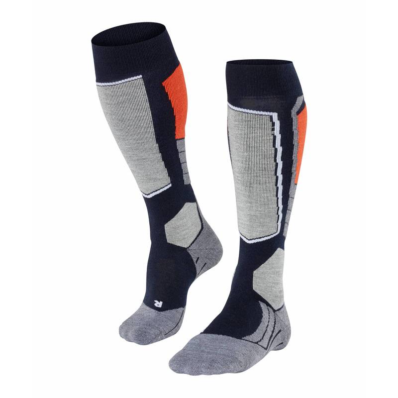 Deux mi-bas de ski de couleur marine Falke SK2 avec des accents gris, orange et blancs.