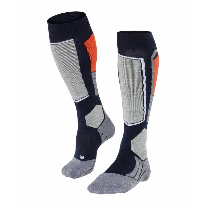 Due calzettoni da sci Falke SK2 di colore navy con accenti grigi, arancioni e bianchi.