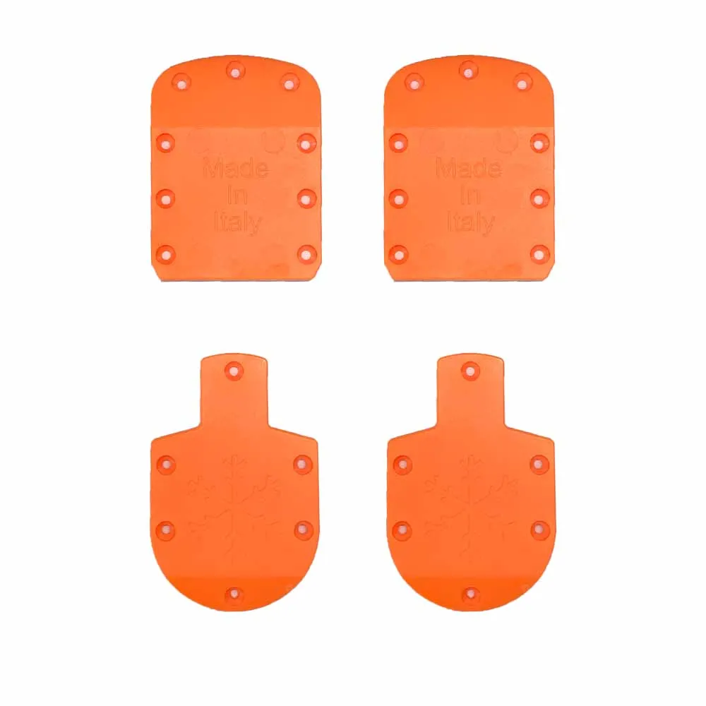 Orange 5mm Lifter Kit für Ski: Zwei rechteckige und zwei T-förmige Sohlen mit Bohrlöchern. "Made in Italy" Aufdruck.
