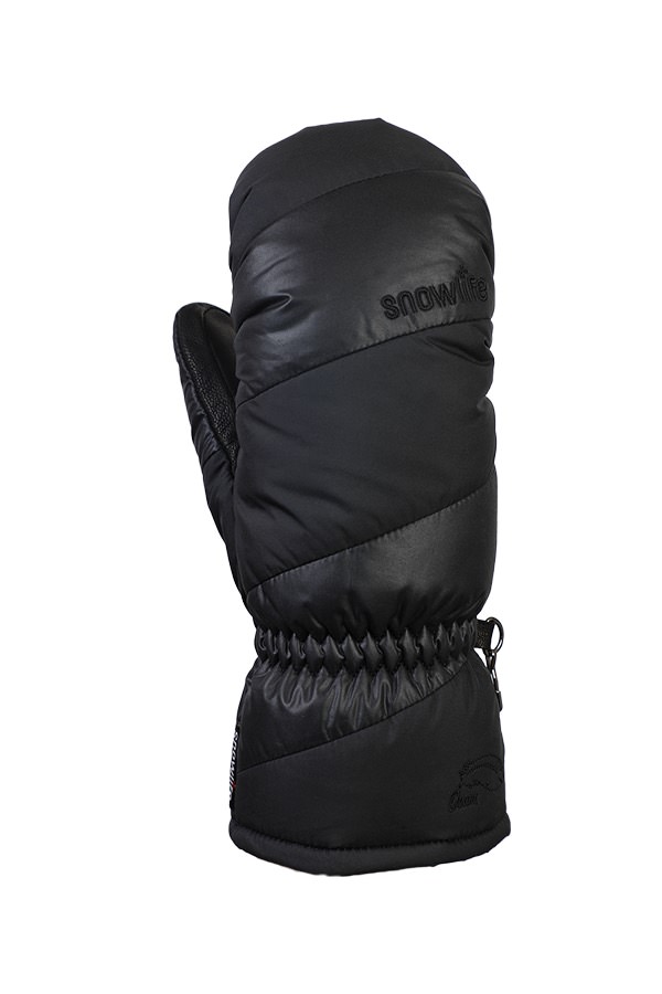Eine schwarze Snowlife Lady Anne GTX Down Mitten liegt vor einem weißen Hintergrund. Der Fäustling hat eine gesteppte Oberfläche.