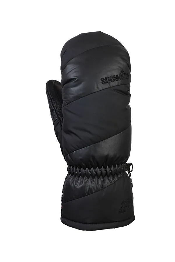 Una muffola nera Snowlife Lady Anne GTX Down è posizionata su uno sfondo bianco. La muffola ha una superficie trapuntata.