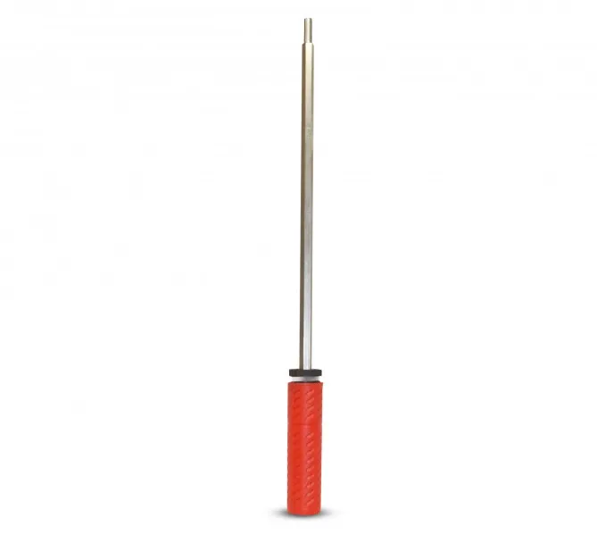 Metal axle with red handle. Accessory for snowboard brushes.