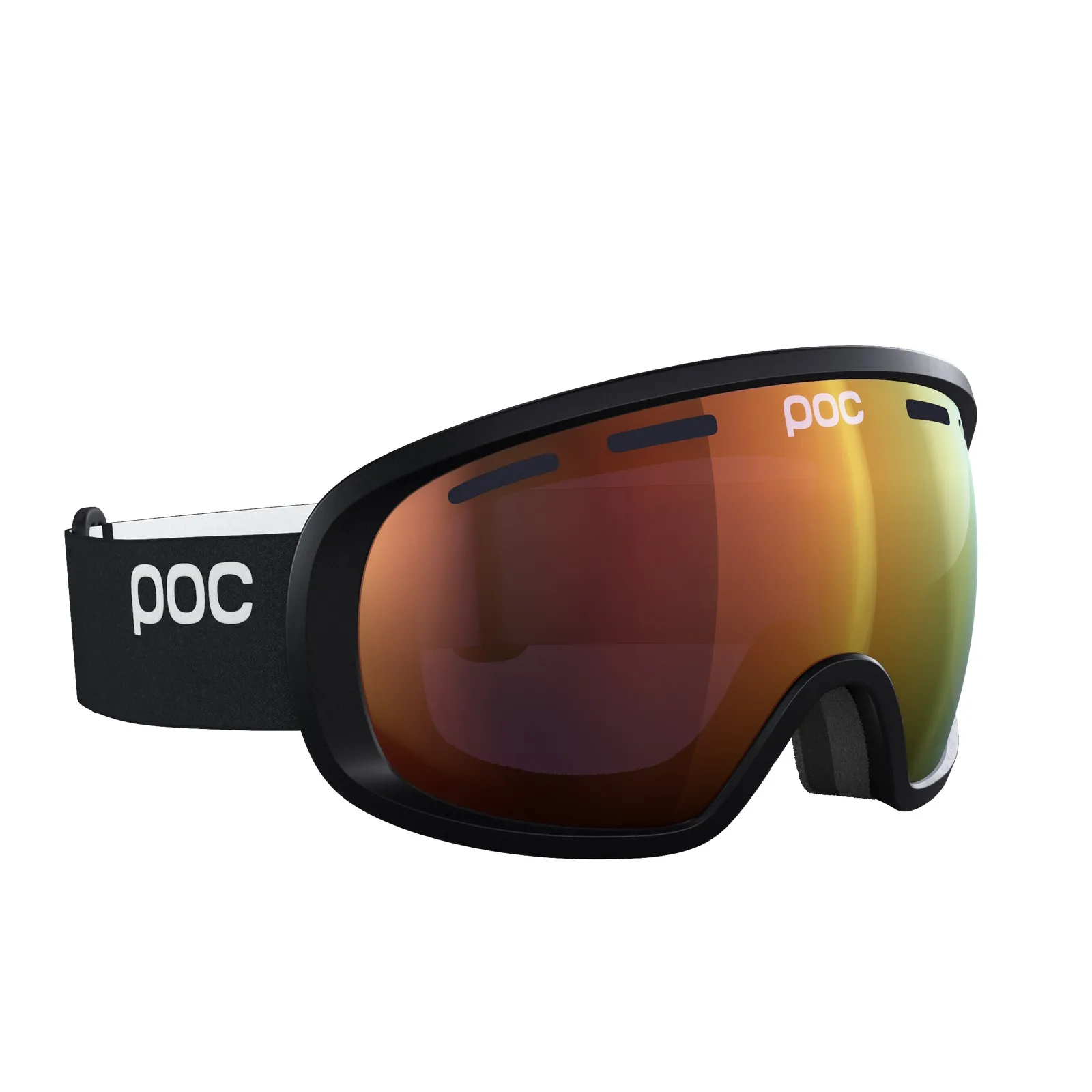 Occhiali da sci POC Fovea Clarity, montatura nera, lenti toriche giallo-arancio, logo POC sul cinturino.
