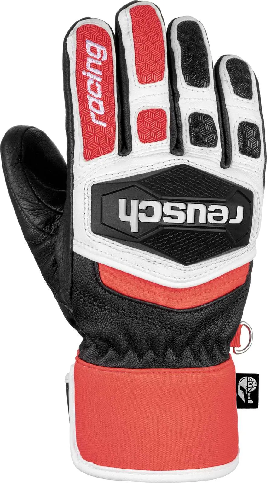 Nahaufnahme von Reusch Worldcup Warrior GS Junior Rennhandschuh. Leder, rote und weiße Akzente, Reusch-Logo.