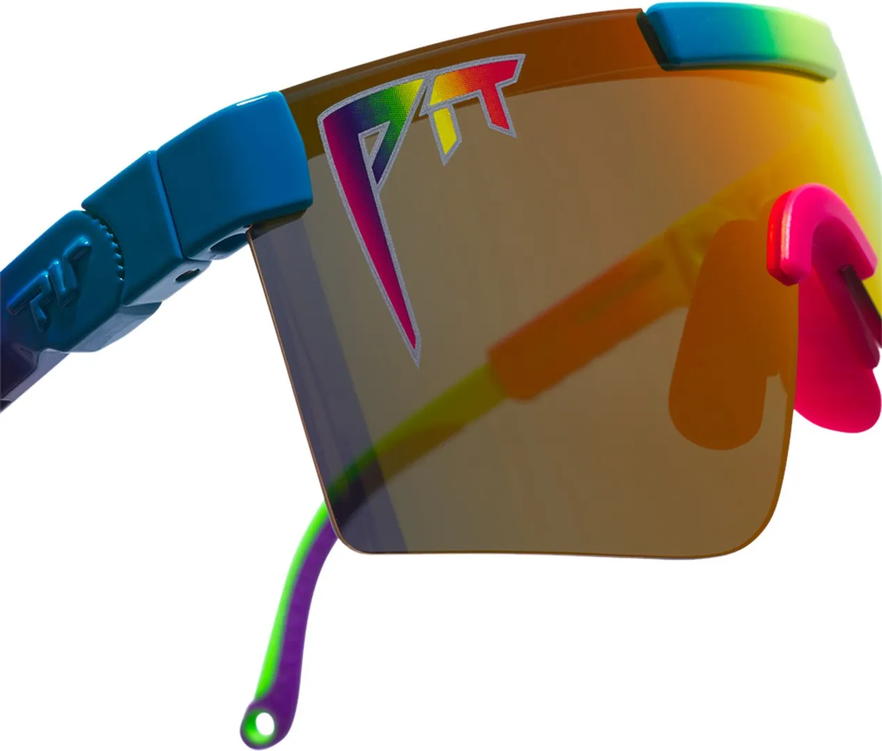 Close-up of the Pit Viper The Pride sunglasses with polarized, rainbow-coloured lenses.