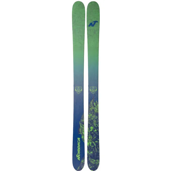 Sci Nordica Patron, colore verde-blu sfumato, con motivo di montagna e logo del marchio.