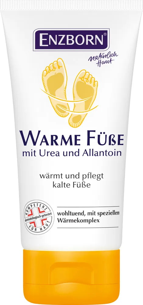Tube Crème Pieds Chauds avec motif de pieds, réchauffe et soigne les pieds froids.