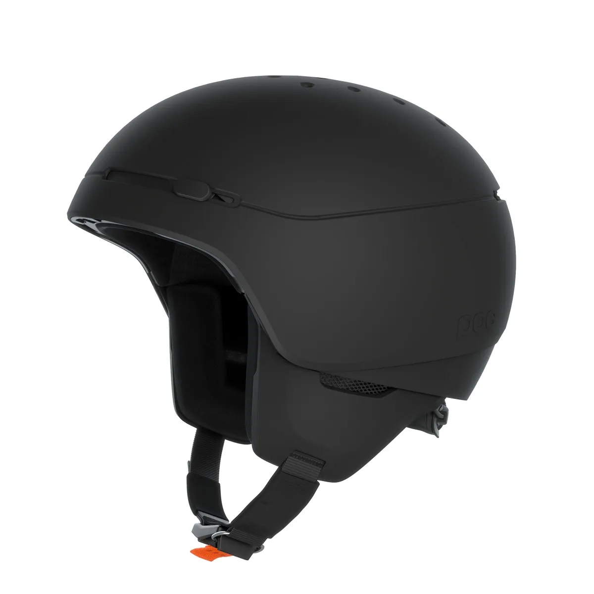 Black Poc Meninx ski helmet, side view. Chin strap with orange fastener. Ventilation openings visible.