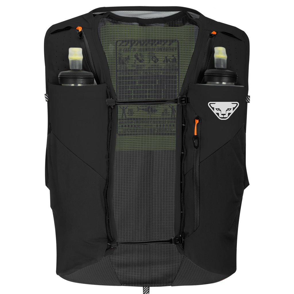 A black running vest with two water bottles in the front pockets. The vest features orange accents and a white logo on the right pocket. The inside is lined with mesh fabric. The vest is pictured against a white background.