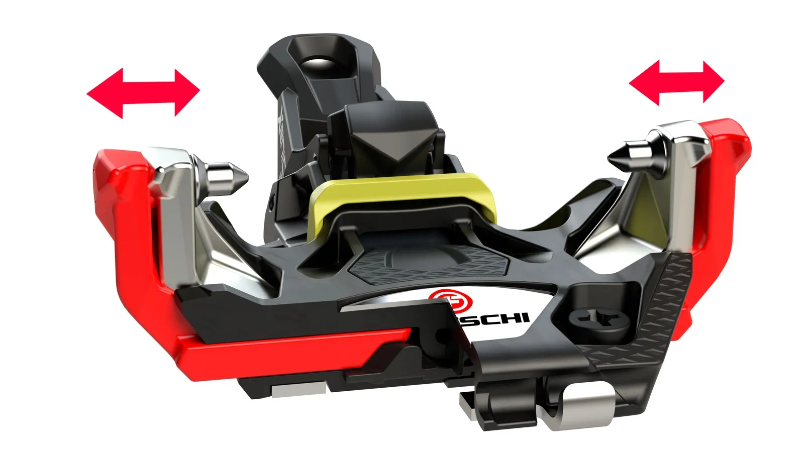 Close-up of the Fritschi Xenic Plus 12 ski touring binding with red arrows showing the horizontal movement of the pins.