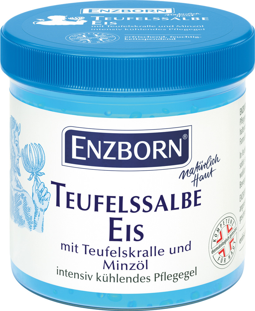 Dose Teufelssalbe Eis: Blau-weisse Verpackung mit Produktinformationen und Teufelskrallen-Illustration.